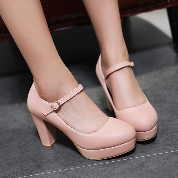 Ladies Pu Leather Almond Toe Ankle Strap Block Heels High Heel Platform Pumps