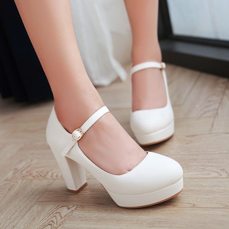 Ladies Pu Leather Almond Toe Ankle Strap Block Heels High Heel Platform Pumps