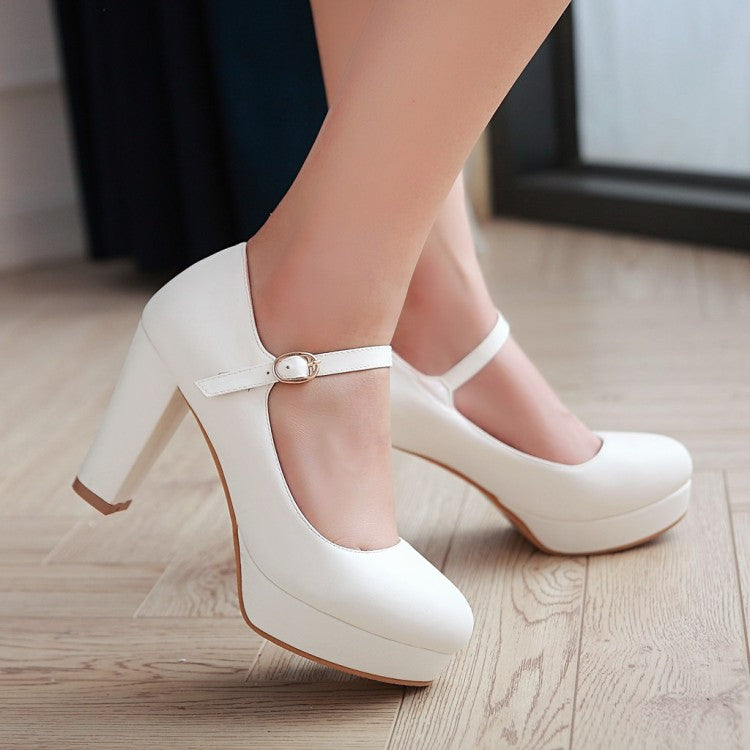 Ladies Pu Leather Almond Toe Ankle Strap Block Heels High Heel Platform Pumps