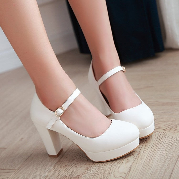 Ladies Pu Leather Almond Toe Ankle Strap Block Heels High Heel Platform Pumps