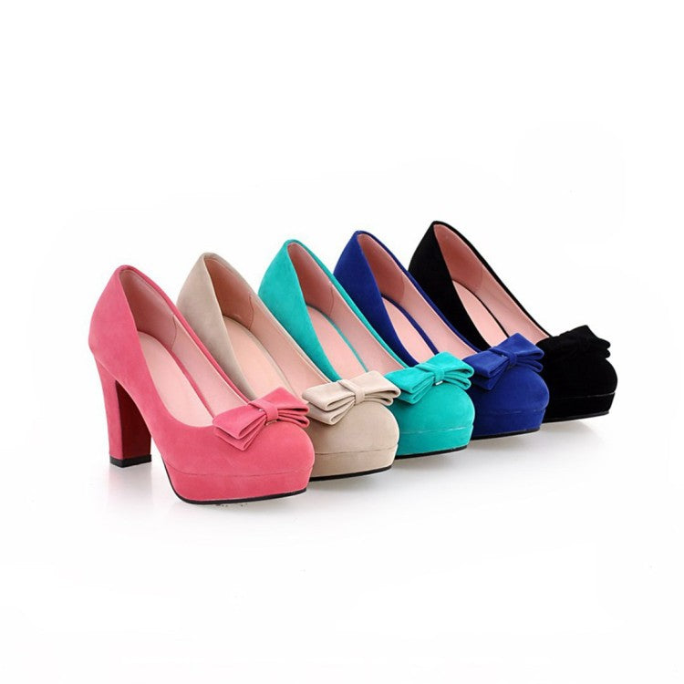 Ladies Suede Almond Toe Butterfly Knot Chunky Heels High Heel Platform Pumps