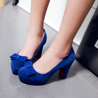 Ladies Suede Almond Toe Butterfly Knot Chunky Heels High Heel Platform Pumps