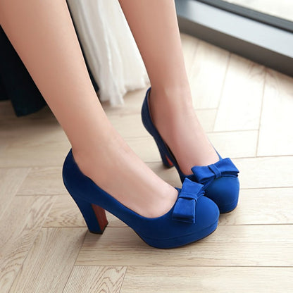 Ladies Suede Almond Toe Butterfly Knot Chunky Heels High Heel Platform Pumps