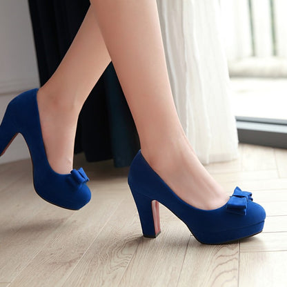 Ladies Suede Almond Toe Butterfly Knot Chunky Heels High Heel Platform Pumps