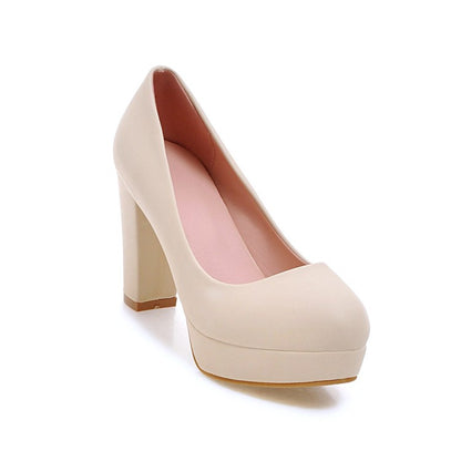 Ladies Pu Leather Almond Toe Chunky Heels High Heel Platform Pumps