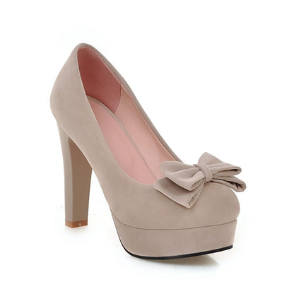 Ladies Suede Almond Toe Butterfly Knot Chunky Heels High Heel Platform Pumps