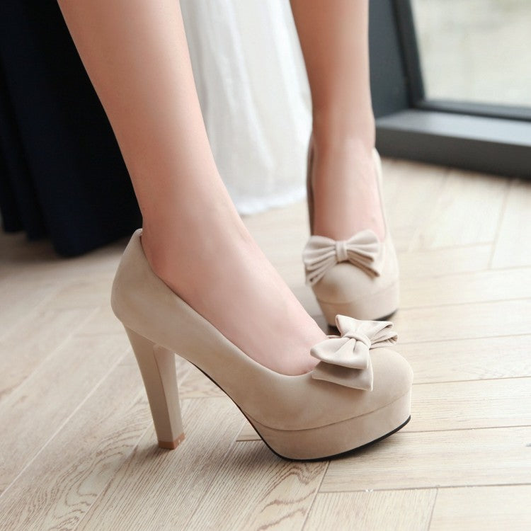 Ladies Suede Almond Toe Butterfly Knot Chunky Heels High Heel Platform Pumps