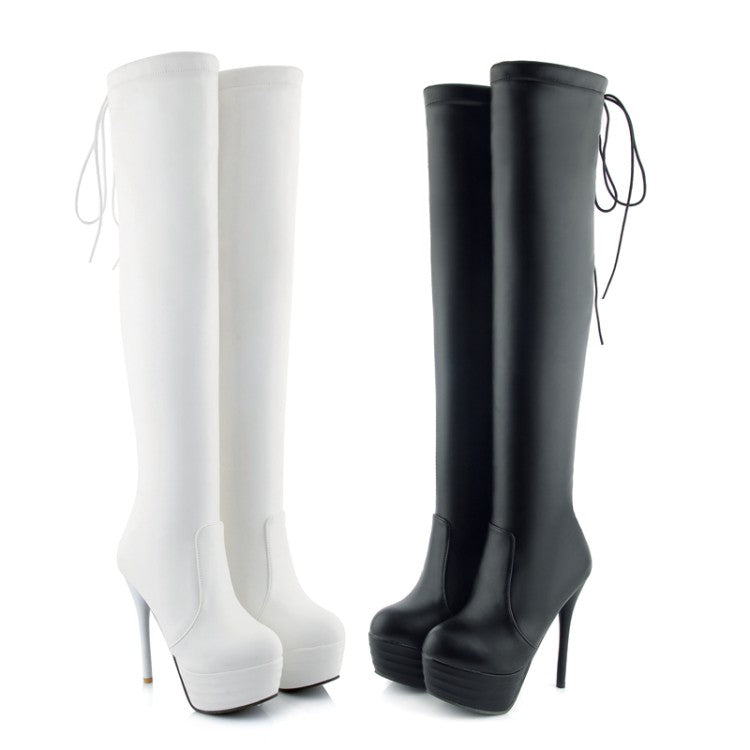 Pu Leather Round Toe Back Tied Straps Stiletto Heel Platform Over-The-Knee Boots for Women