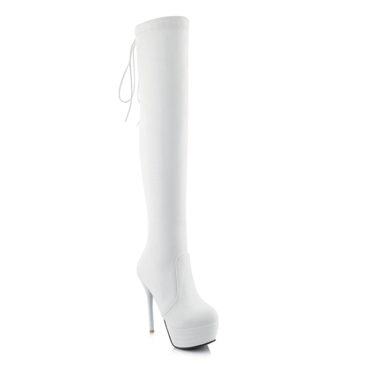 Pu Leather Round Toe Back Tied Straps Stiletto Heel Platform Over-The-Knee Boots for Women