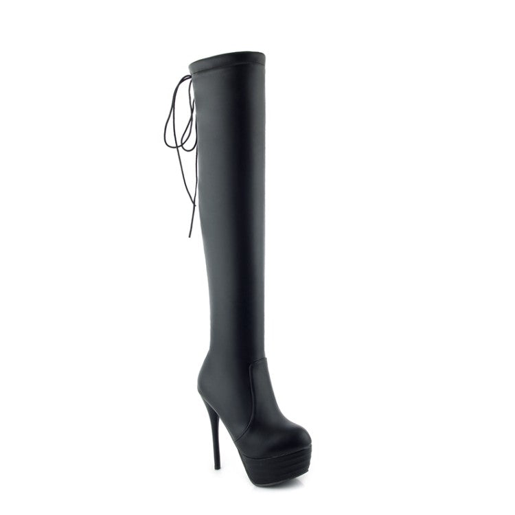 Pu Leather Round Toe Back Tied Straps Stiletto Heel Platform Over-The-Knee Boots for Women