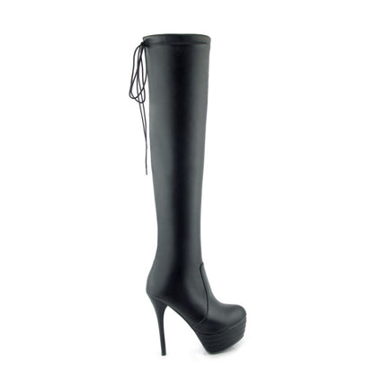 Pu Leather Round Toe Back Tied Straps Stiletto Heel Platform Over-The-Knee Boots for Women