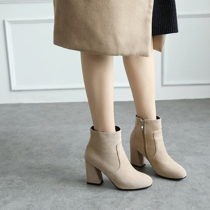 Ladies Suede Round Toe Stitching Block Heel Side Zippers Short Boots