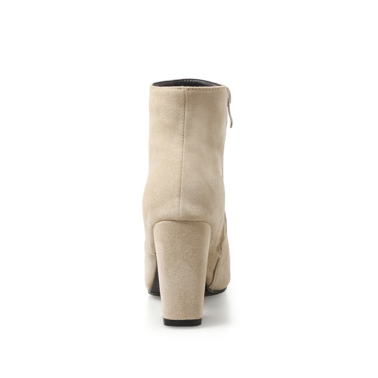 Ladies Suede Round Toe Stitching Block Heel Side Zippers Short Boots