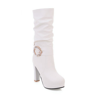 Ladies Round Toe Rhinestone Belts Buckles Chunky Heel Platform Mid Calf Boots