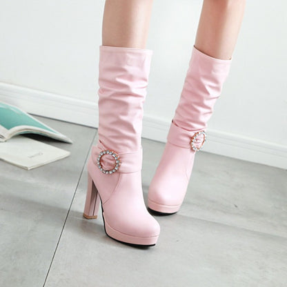 Ladies Round Toe Rhinestone Belts Buckles Chunky Heel Platform Mid Calf Boots