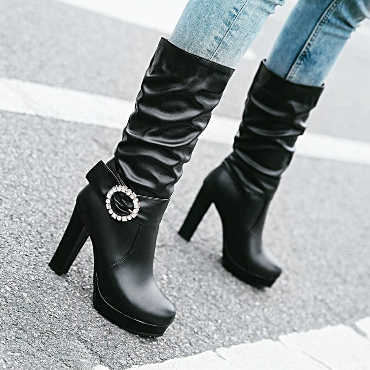 Ladies Round Toe Rhinestone Belts Buckles Chunky Heel Platform Mid Calf Boots