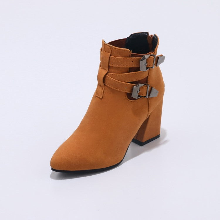 Flock Pointed Toe Metal Buckle Straps Block Chunky Heel Short Boots for Women