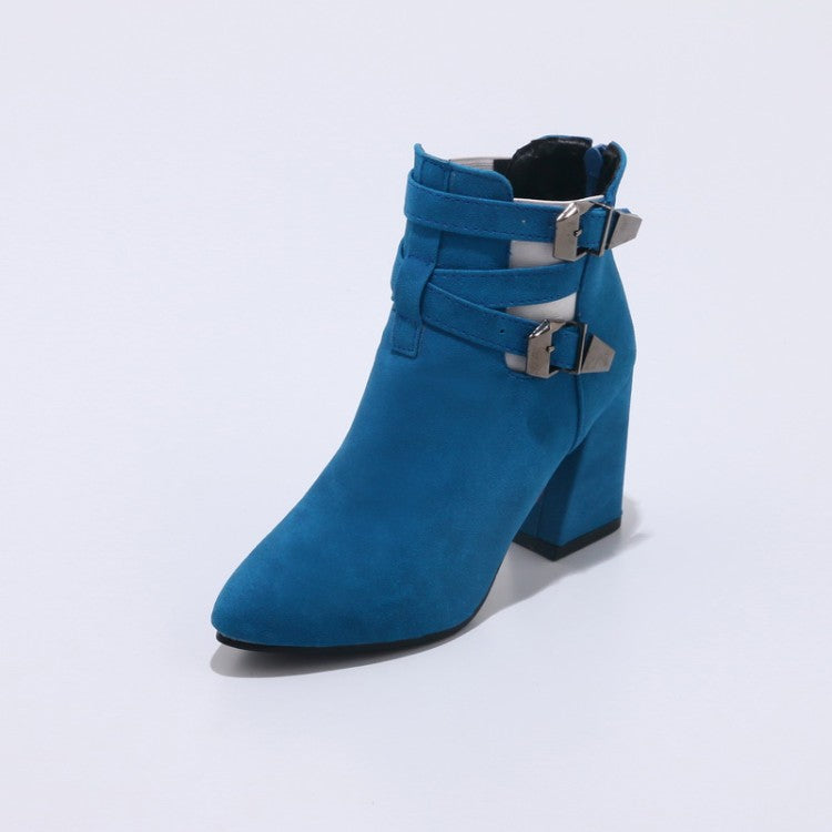 Flock Pointed Toe Metal Buckle Straps Block Chunky Heel Short Boots for Women