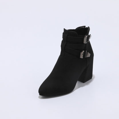 Flock Pointed Toe Metal Buckle Straps Block Chunky Heel Short Boots for Women