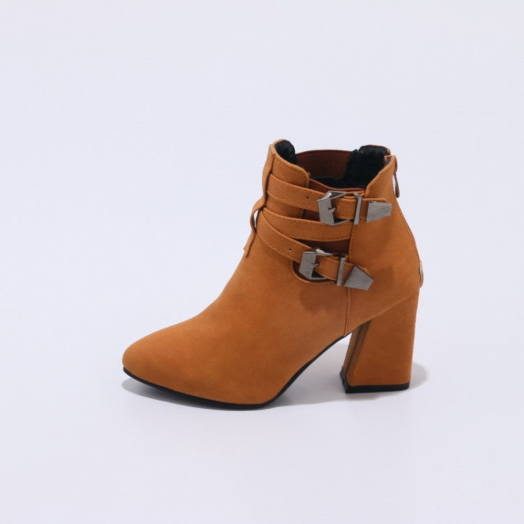 Flock Pointed Toe Metal Buckle Straps Block Chunky Heel Short Boots for Women