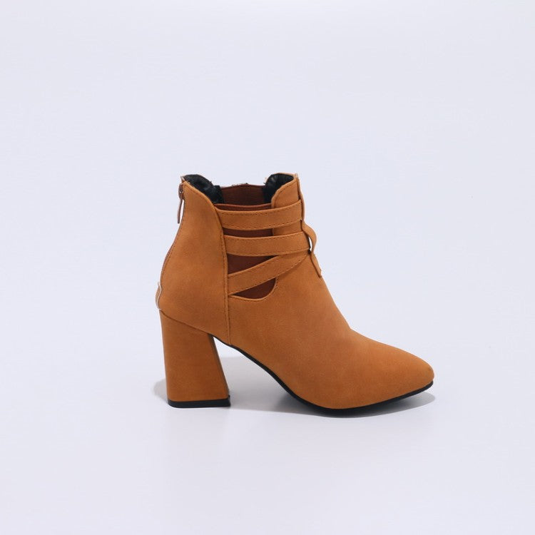 Flock Pointed Toe Metal Buckle Straps Block Chunky Heel Short Boots for Women