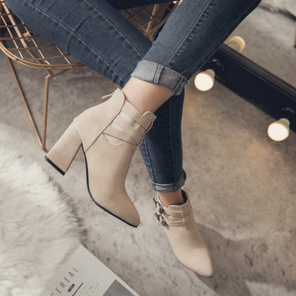 Flock Pointed Toe Metal Buckle Straps Block Chunky Heel Short Boots for Women