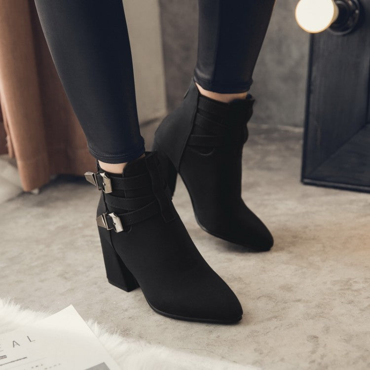 Flock Pointed Toe Metal Buckle Straps Block Chunky Heel Short Boots for Women