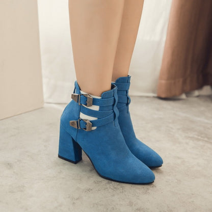 Flock Pointed Toe Metal Buckle Straps Block Chunky Heel Short Boots for Women