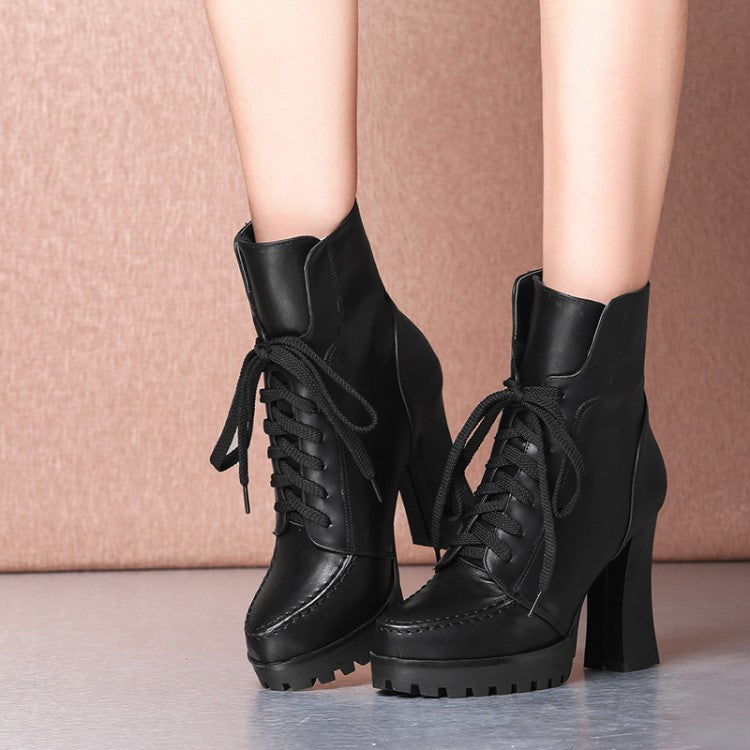 Pu Leather Stitch Round Toe Lace Up Spool Heel Platform Short Boots for Women