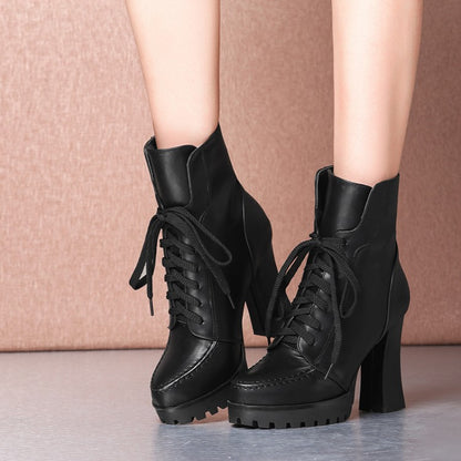 Pu Leather Stitch Round Toe Lace Up Spool Heel Platform Short Boots for Women