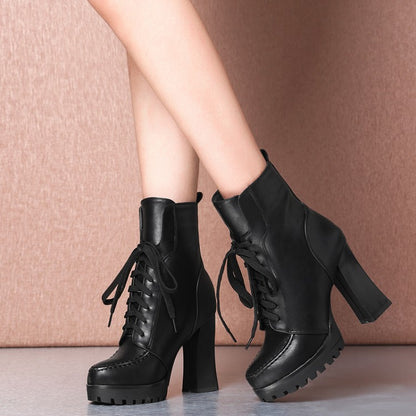 Pu Leather Stitch Round Toe Lace Up Spool Heel Platform Short Boots for Women