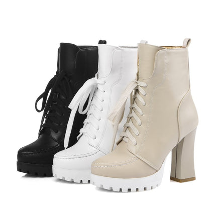 Pu Leather Stitch Round Toe Lace Up Spool Heel Platform Short Boots for Women