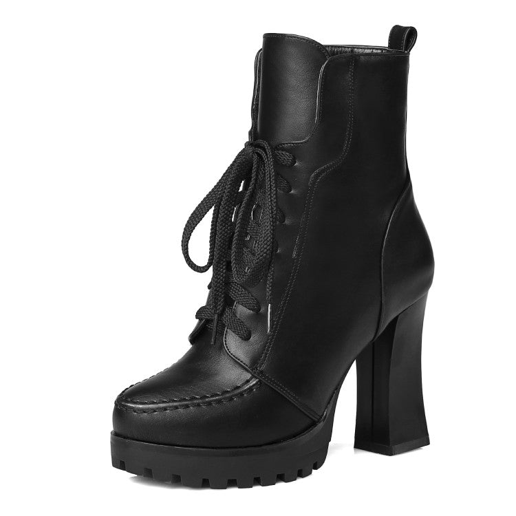 Pu Leather Stitch Round Toe Lace Up Spool Heel Platform Short Boots for Women