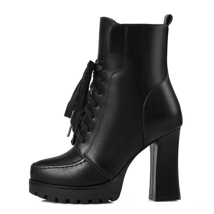 Pu Leather Stitch Round Toe Lace Up Spool Heel Platform Short Boots for Women