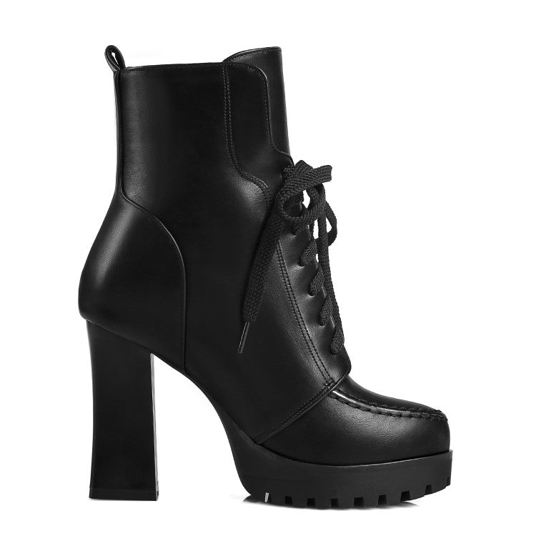 Pu Leather Stitch Round Toe Lace Up Spool Heel Platform Short Boots for Women