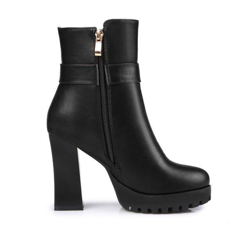 Pu Leather Round Toe Side Zippers Metal Tassel Spool Heel Platform Short Boots for Women