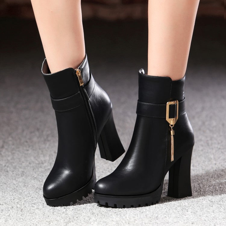 Pu Leather Round Toe Side Zippers Metal Tassel Spool Heel Platform Short Boots for Women