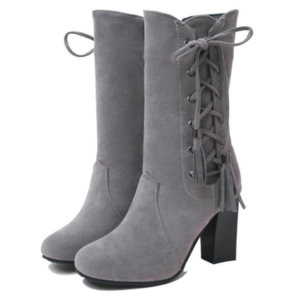 Ladies Zip Lace Up High Heel Mid Calf Boots