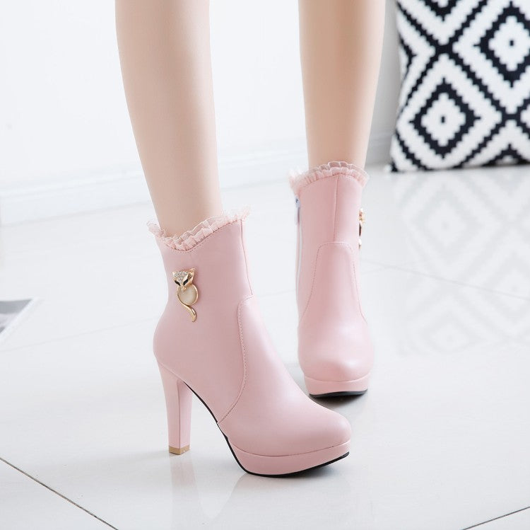 Pu Leather Almond Toe Lace Side Zippers Rhinestone Block Chunky Heel Platform Short Boots for Women