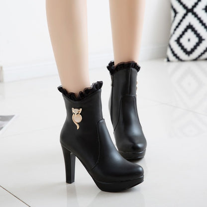 Pu Leather Almond Toe Lace Side Zippers Rhinestone Block Chunky Heel Platform Short Boots for Women