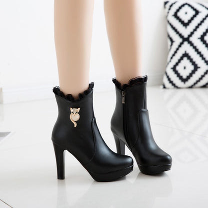 Pu Leather Almond Toe Lace Side Zippers Rhinestone Block Chunky Heel Platform Short Boots for Women