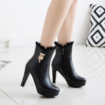 Pu Leather Almond Toe Lace Side Zippers Rhinestone Block Chunky Heel Platform Short Boots for Women