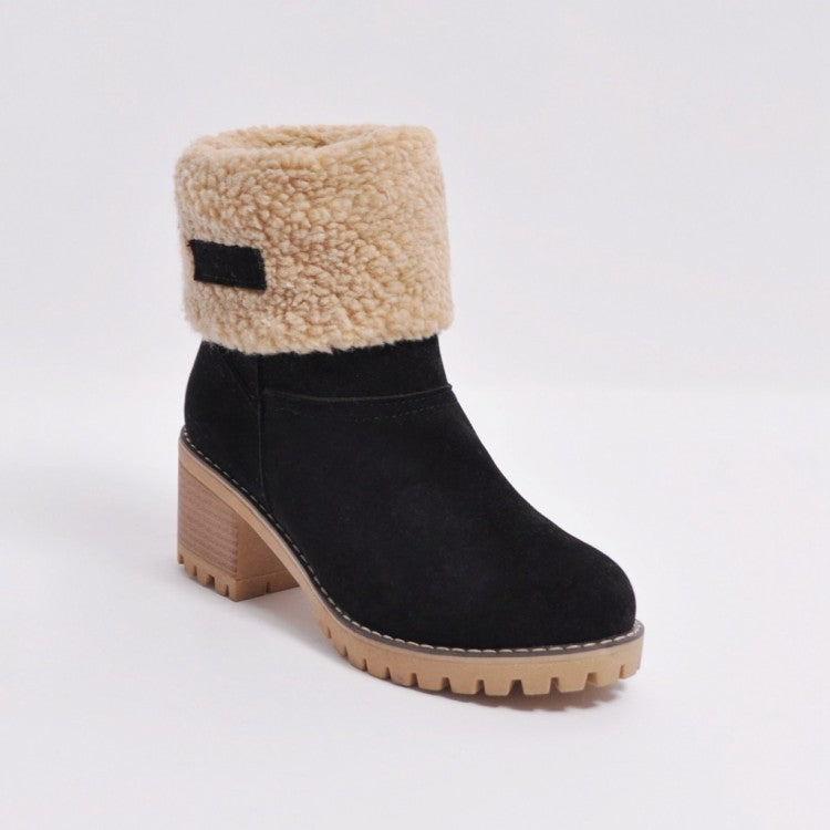 Ladies Suede Stitching Block Heel Antiskid Short Boots