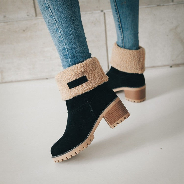 Ladies Suede Stitching Block Heel Antiskid Short Boots