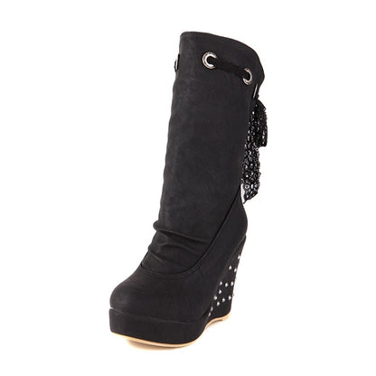 Round Toe Lace Tied Straps Rivets Wedge Heel Platform Mid Calf Boots for Women