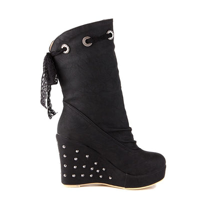 Round Toe Lace Tied Straps Rivets Wedge Heel Platform Mid Calf Boots for Women