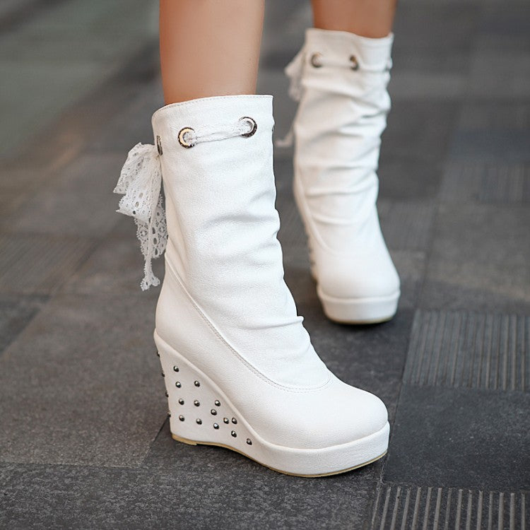 Round Toe Lace Tied Straps Rivets Wedge Heel Platform Mid Calf Boots for Women