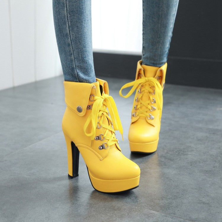 Pu Leather Almond Toe Rivets Lace Up Fold Block Chunky Heel Platform Short Boots for Women