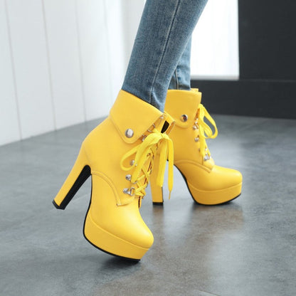 Pu Leather Almond Toe Rivets Lace Up Fold Block Chunky Heel Platform Short Boots for Women