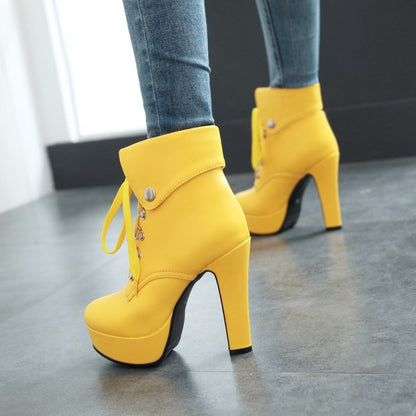 Pu Leather Almond Toe Rivets Lace Up Fold Block Chunky Heel Platform Short Boots for Women